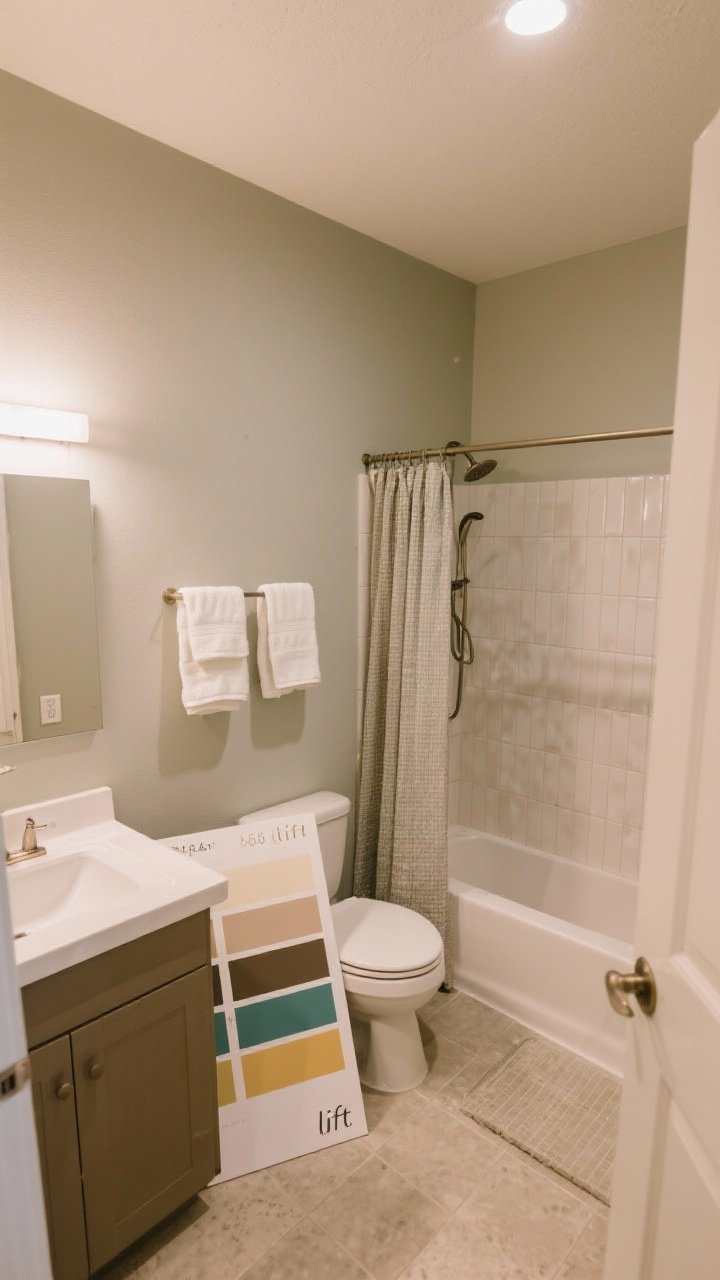 Overhead/corner angle: A small bathroom where contrast is kept low—2–3 coordinating tones across walls, towels, and shower curtain that blend with the wall color for continuity. Large foam board paint swatches propped near tile, vanity, and floor to test undertones. Ceiling painted same color as walls or wall color carried 3–6 inches onto the ceiling to “lift” the room. Warm, even lighting.
