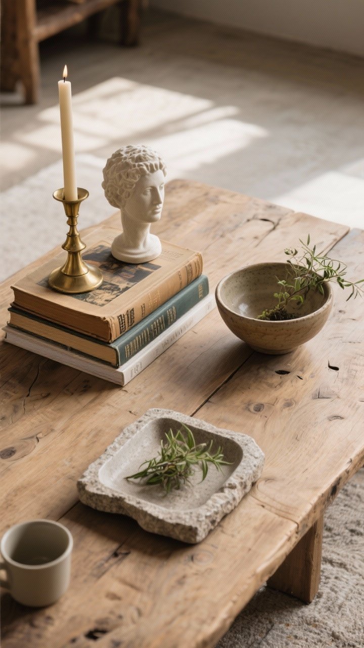 Overhead detail: A coffee table styled like a storyteller. Three-layer formula: base—two to three stacked vintage art books of varied sizes; height—a brass candlestick and a small plaster bust; organic—a hand-thrown ceramic bowl with a plant clipping resting on a stone tray. Leave negative space for mugs. Natural afternoon light grazing a raw wood tabletop.