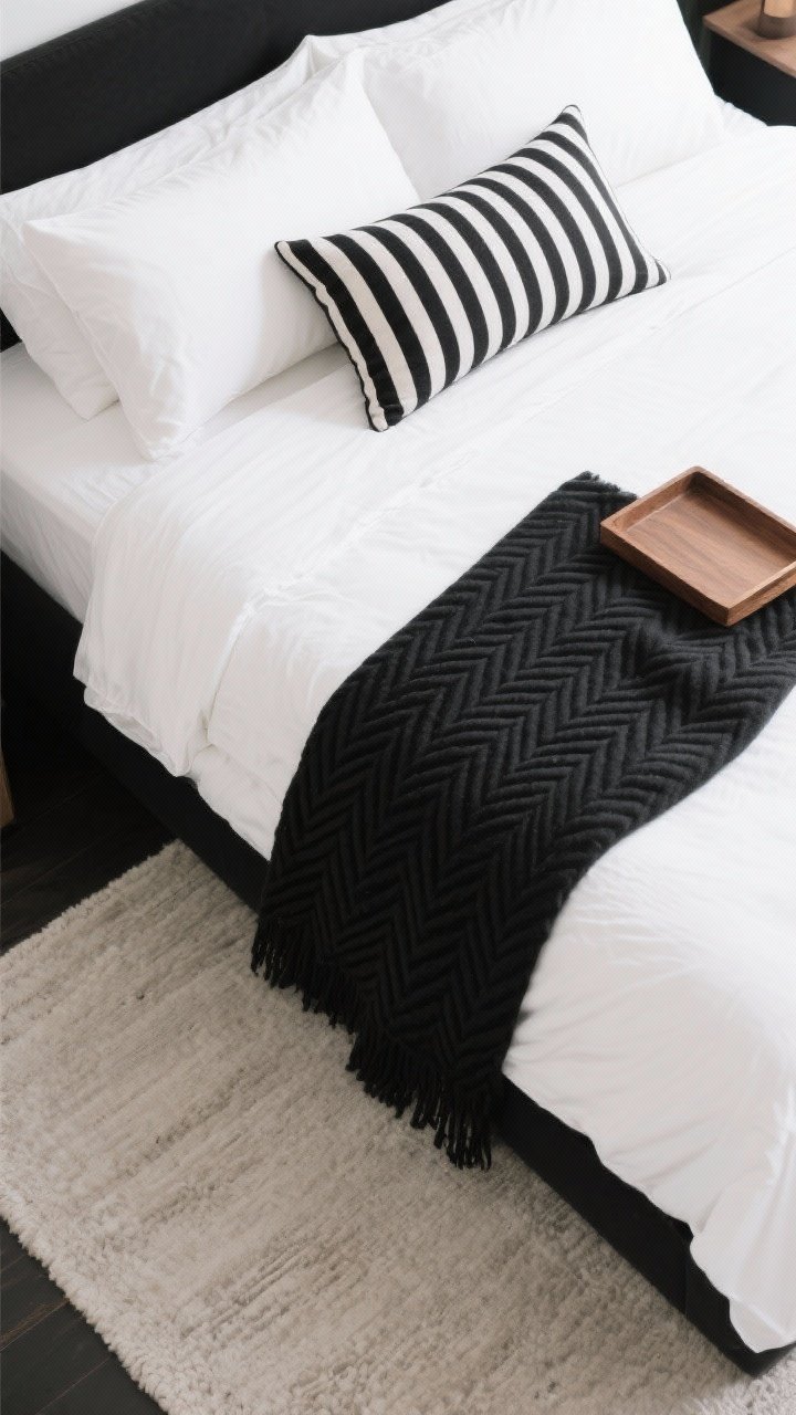 Overhead detail: A styled vignette on a white duvet—one bold black-and-white striped lumbar pillow centered, a small-scale black herringbone throw folded beside it, and plain white bedding surrounding them. At the foot, a glimpse of a low-contrast neutral rug suggests restraint. The palette is strictly black, white, and a whisper of warm wood from a nearby tray edge.