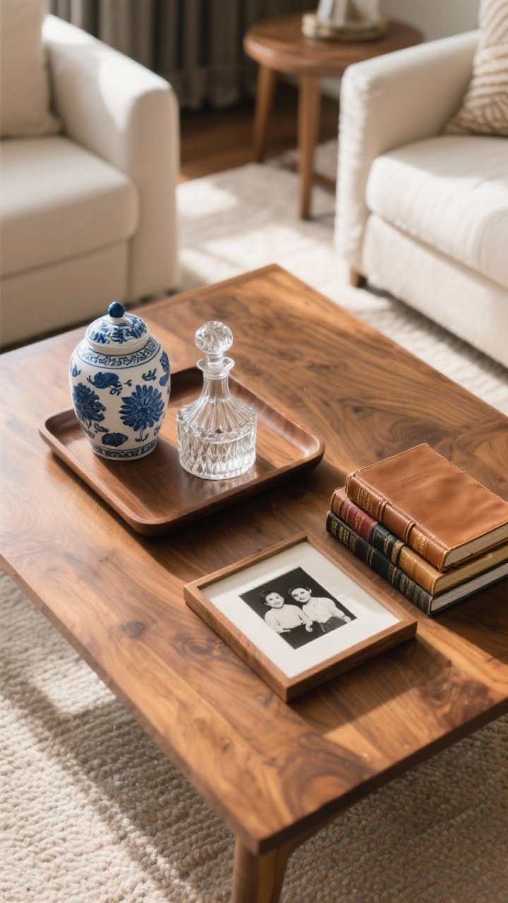 Overhead detail: A wood coffee table styled with story-heavy accessories—blue-and-white porcelain ginger jar, a crystal decanter on a small wood tray, a stack of leather-bound books, and a single framed black-and-white family photo; one meaningful object per surface approach, warm natural light, refined yet personal feel.