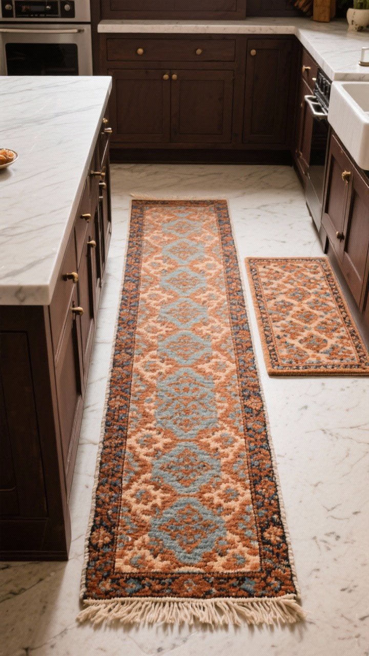 Overhead detail of a patterned vintage-style kitchen runner laid between an island and dark brown cabinets: terracotta, rust, and muted blue motifs with low pile; non-slip pad peeking just at the edge, spill-concealing pattern, adjacent smaller mat by the sink layered for comfort; soft, even lighting