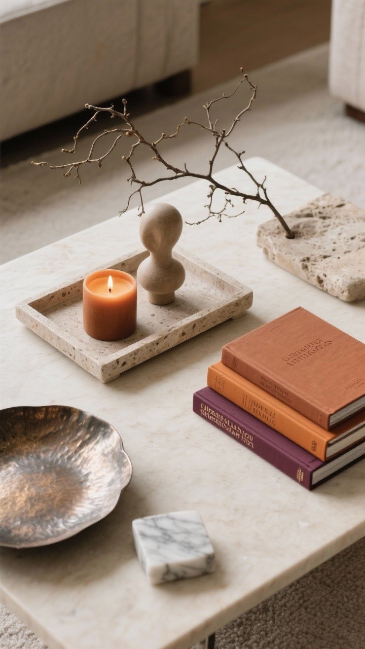 Overhead detail of a styled coffee table: a neutral stone or wood tray holding a warm-toned candle, a small sculptural object, and a sprig of branches; next to it, a short stack of coffee table books with rust, ochre, and plum spines; include a hammered metal dish and a small marble piece to add richness; minimal, uncluttered composition.