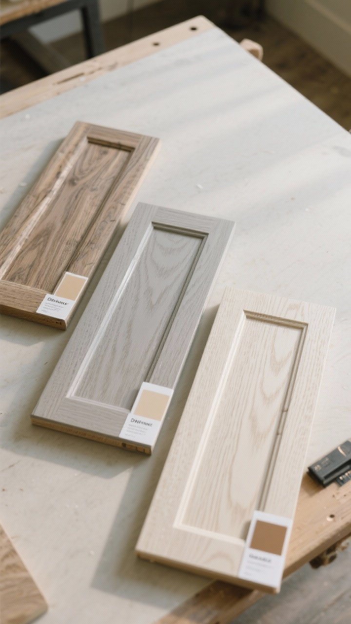 Overhead detail of three white oak sample doors on a worktable: driftwood stain, greige stain, and light fumed/cerused finish, labeled swatches in morning light to show undertone shifts, visible grain emphasized, neutral backdrop, photorealistic texture and subtle color differences captured accurately