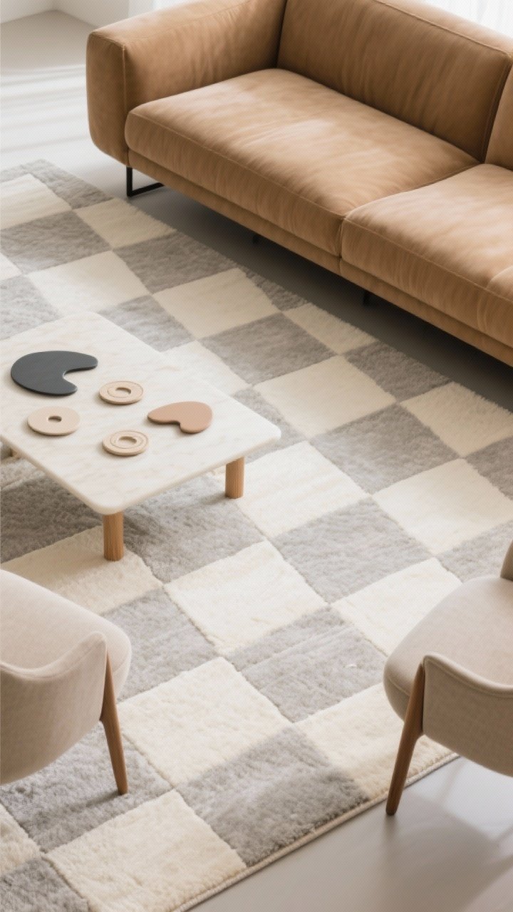 Overhead detail shot: A low-pile geometric rug featuring a checkerboard pattern in cream and soft gray, sized so the front legs of the sofa and chairs rest on it. A calm camel sofa sits atop the rug with a few abstract-shape coasters on the coffee table. The furniture is neutral, letting the rug be the graphic star. Include a rug pad glimpse at the corner edge for realism; soft, diffuse daylight.