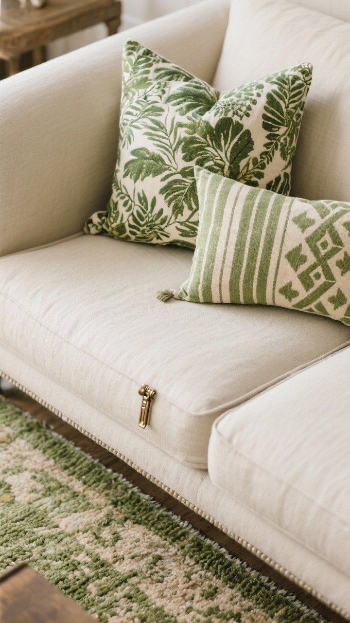 Overhead detail shot of a neutral sofa corner with patterned green accents: a large botanical print pillow, a medium-scale green-and-cream stripe, and a small geometric motif pillow. Below, a vintage-style rug with time-softened green threads anchors the palette. Maintain a 60-30-10 balance with mostly neutral upholstery, layered patterns tied together by a repeated sage/cream thread, and a hint of metallic in a small brass zipper pull.