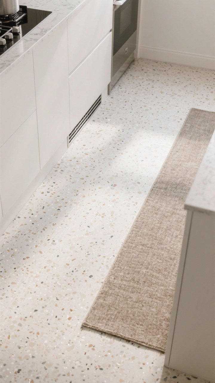 Overhead detail shot of contemporary sheet vinyl flooring with a subtle terrazzo pattern in soft neutrals, thick wear layer implied by crisp edge near a vent; one-piece expanse across the kitchen with minimal seams; cushioned underfoot look; a cozy runner layered on top for a custom feel; bright, even daylight highlighting the easy-clean, water-resistant surface without glare.