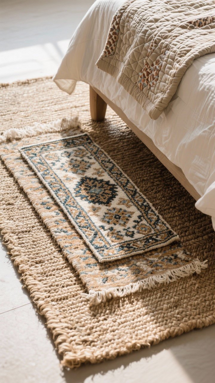 Overhead detail shot of layered rugs at the bedside: a textured jute base rug with a smaller patterned Persian or kilim layered on top, the top rug narrower than the bed but peeking out generously. Show the bed leg, a corner of a quilt, and the rug edges to emphasize dimension and pattern play. Natural daylight rakes across to highlight the weave.