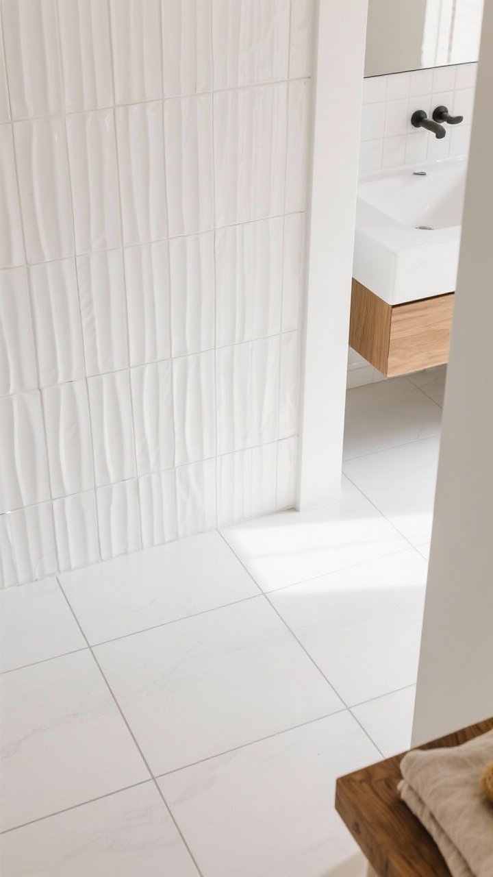 Overhead detail shot of layered whites: matte white porcelain floor tiles with fine grout lines; glossy white wall tiles meeting a vertical panel of ribbed/fluted white tile behind the vanity as a feature; pure white/light gray grout keeping everything seamless; warm, soft lighting plus a hint of wood and linen accessories at the edges to prevent a clinical feel