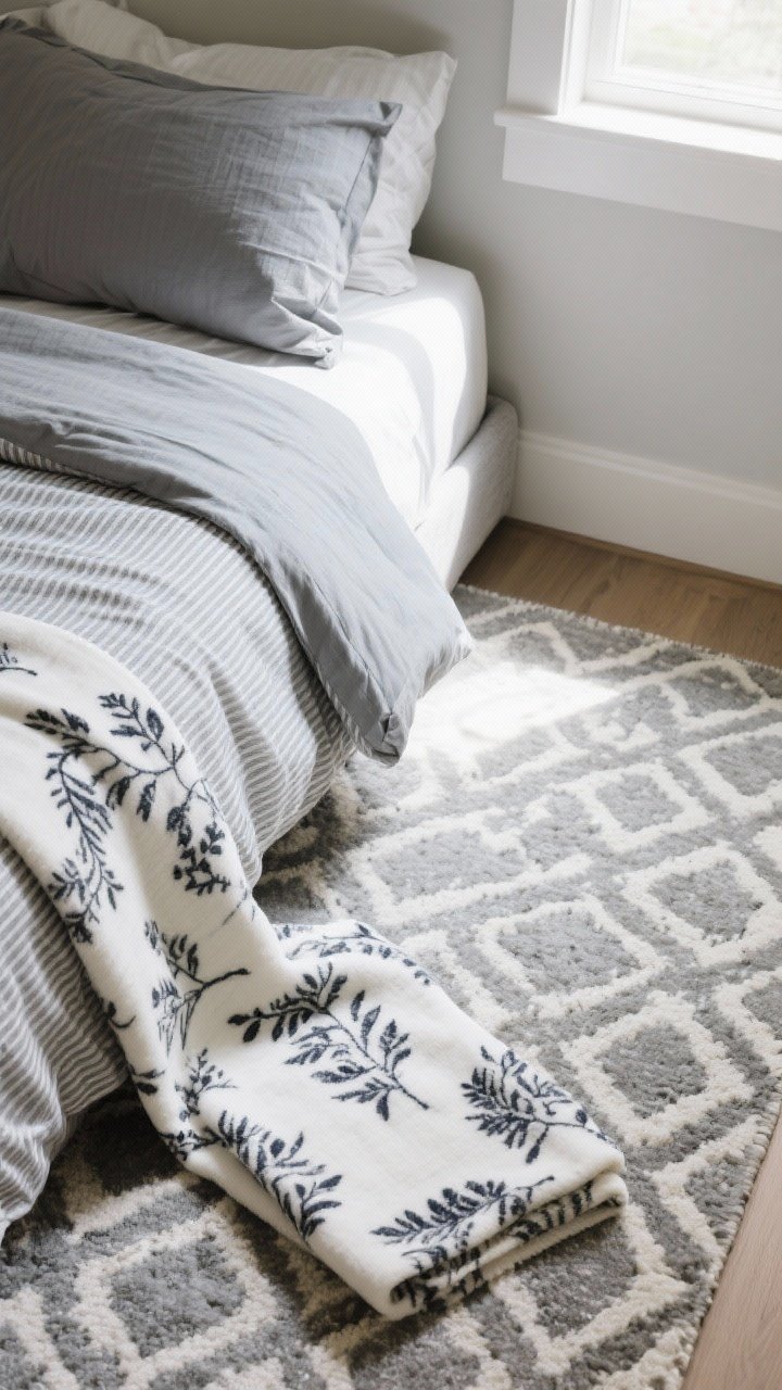 Overhead detail view of a bed corner styled with soft patterns: micro-stripe gray-and-white sheets peeking from under a solid gray duvet, a tonal geometric pattern in a nearby rug, and a folded throw with subtle charcoal botanical print on ivory; neutral palette to keep it zen; natural daylight from a side window creating gentle shadows; top-down composition focusing on pattern interplay.