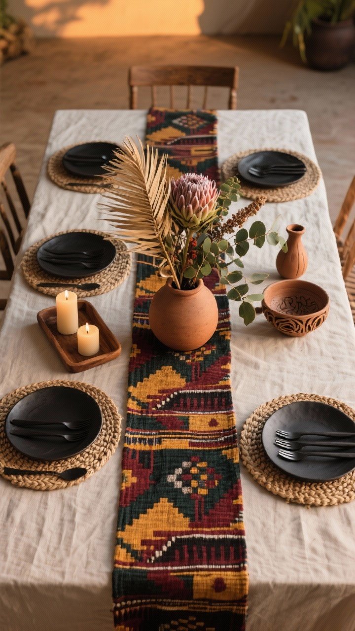 Overhead flat-lay: Global-inspired tablescape—kente or mudcloth runner down the center, woven chargers, hand-thrown ceramic plates, matte black cutlery, and a clay vessel centerpiece with dried palm, eucalyptus, and protea; a simple everyday tray with candles, a small vase, and a carved bowl off to one side; warm evening light, photorealistic.