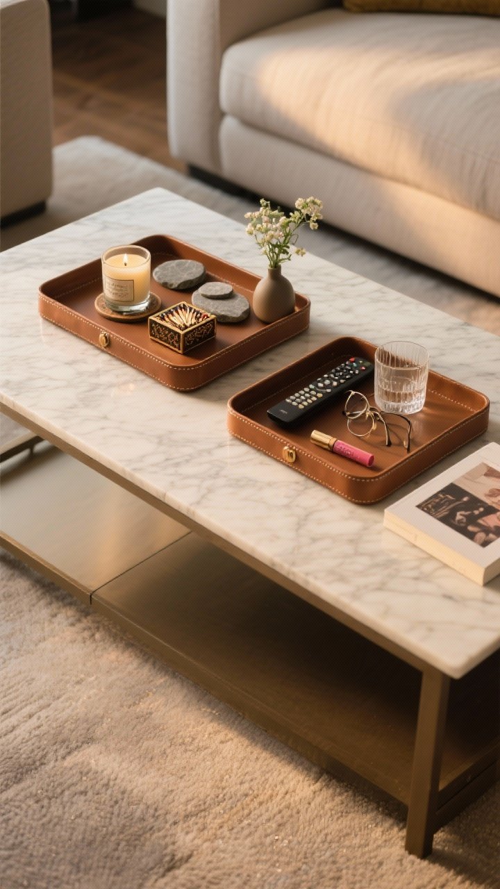 Overhead shot: A neatly organized sofa table with two trays. One large tray holds a candle, fancy matchbox, stone coasters, and a small bud vase; a smaller tray corrals remotes, reading glasses, and lip balm. A clear landing spot remains open for a drink and a book in progress. Mixed materials—leather tray for warmth and a marble accent for polish—under warm, ambient light.