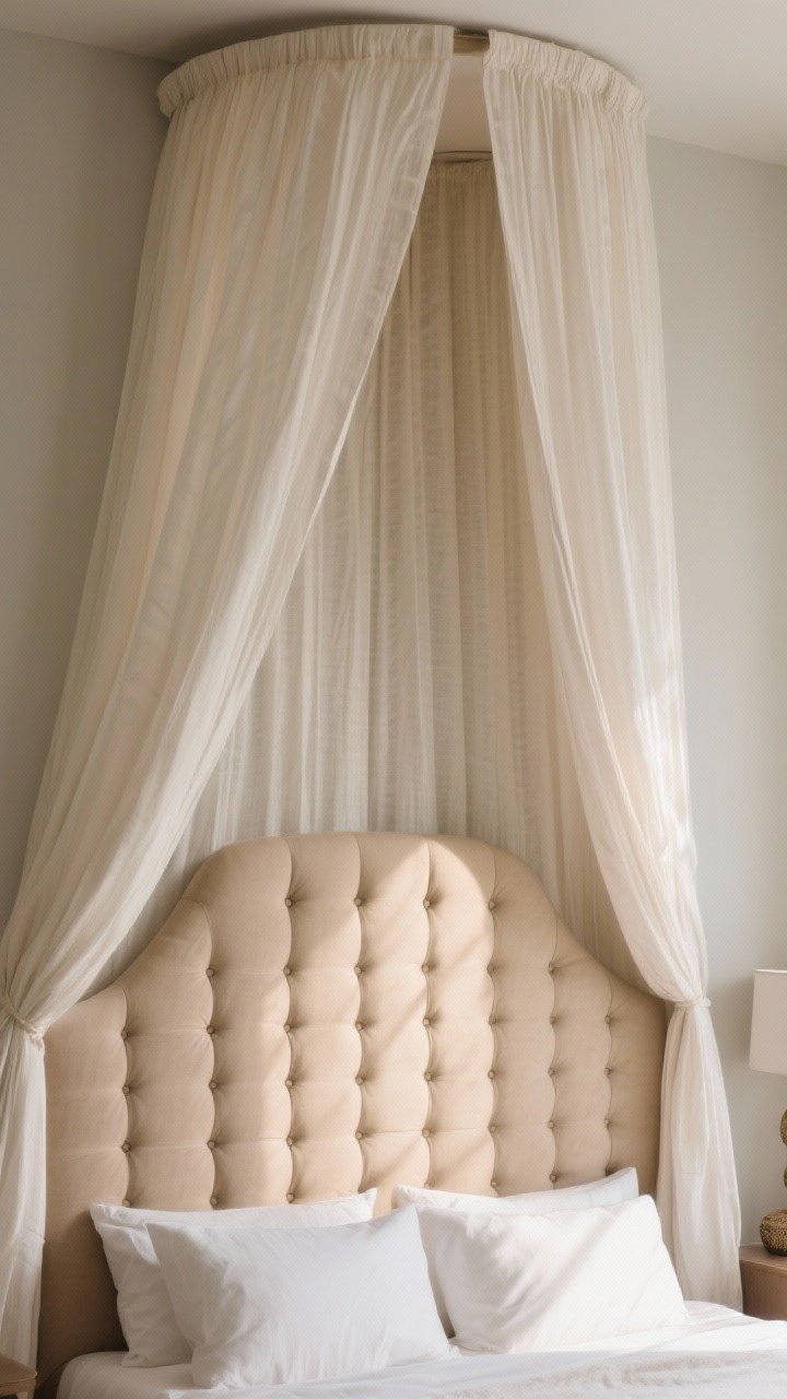 Photorealistic closeup detail: canopy + headboard pairing—sheer linen canopy panels framing a channel-tufted upholstered headboard in a warm neutral; focus on the vertical tufting texture and the softly draped linen; subtle daylight grazing the fabrics to highlight depth; minimal accessories to let the combo read custom and refined.