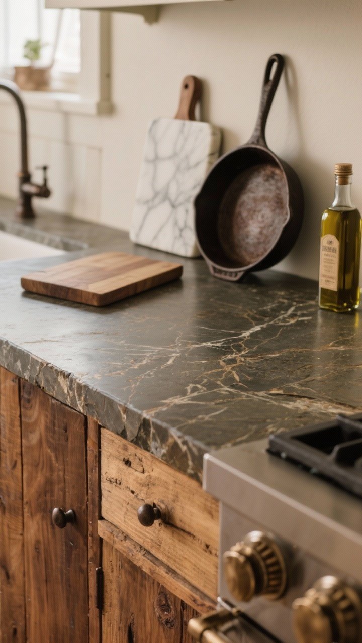 Photorealistic closeup detail of mixed vintage-style countertops: a rich oiled soapstone perimeter with subtle veining meeting a warm butcher block island top, plus a small swatch of honed marble cutting board resting nearby; soft, diffuse light highlighting texture, matte surfaces, and patina-friendly finishes; a well-used cast-iron pan edge and a mineral oil bottle off to the side for storytelling, no people