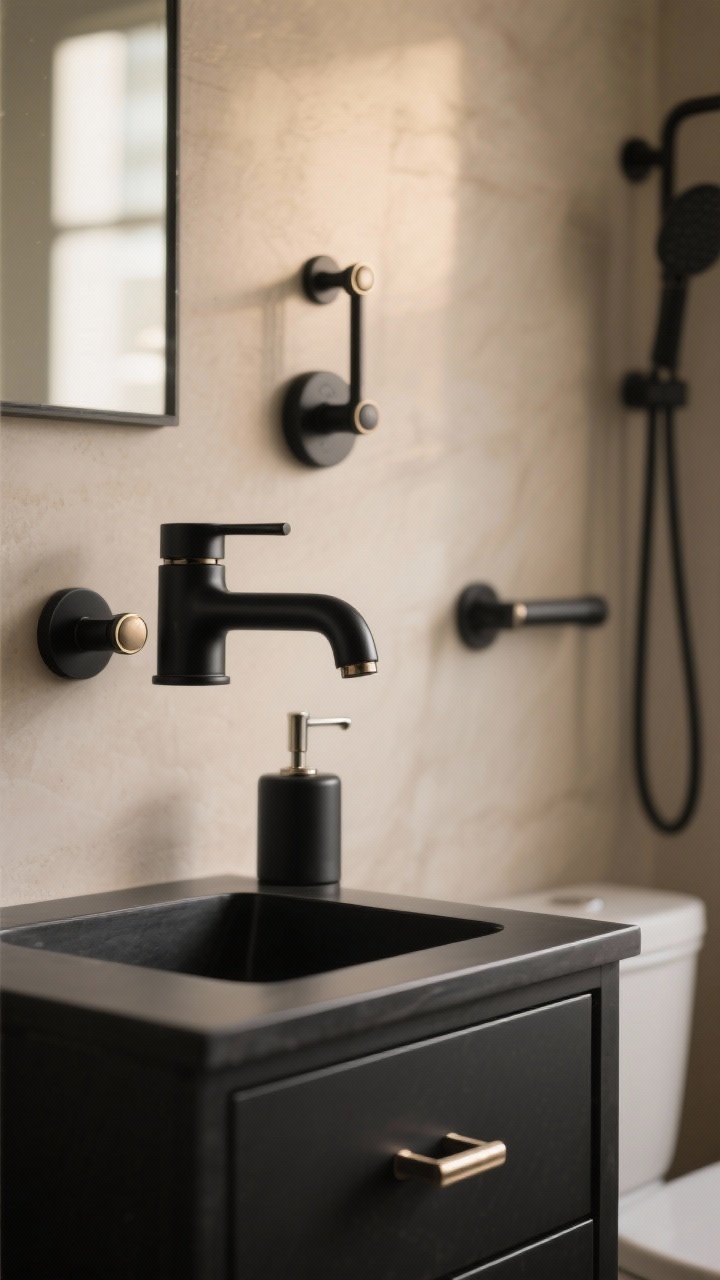 Photorealistic closeup of bathroom hardware with personality: matte black as the dominant finish for faucet, drawer pulls, and shower controls, with small polished nickel accents on a soap dispenser or hook; include matching door lever and toilet handle for a cohesive look; warm, neutral backdrop with soft reflections; shallow depth of field