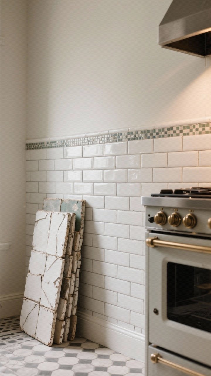 Photorealistic closeup of vintage tile details: white subway tile backsplash with slightly darker gray grout arranged in a running bond, transitioning to a small mosaic border behind a stove area; a secondary vertical stack sample panel leaning nearby; handmade-look tiles with soft, imperfect edges highlighted by side lighting; hints of hex floor tile at the bottom edge of frame, neutral palette, no people