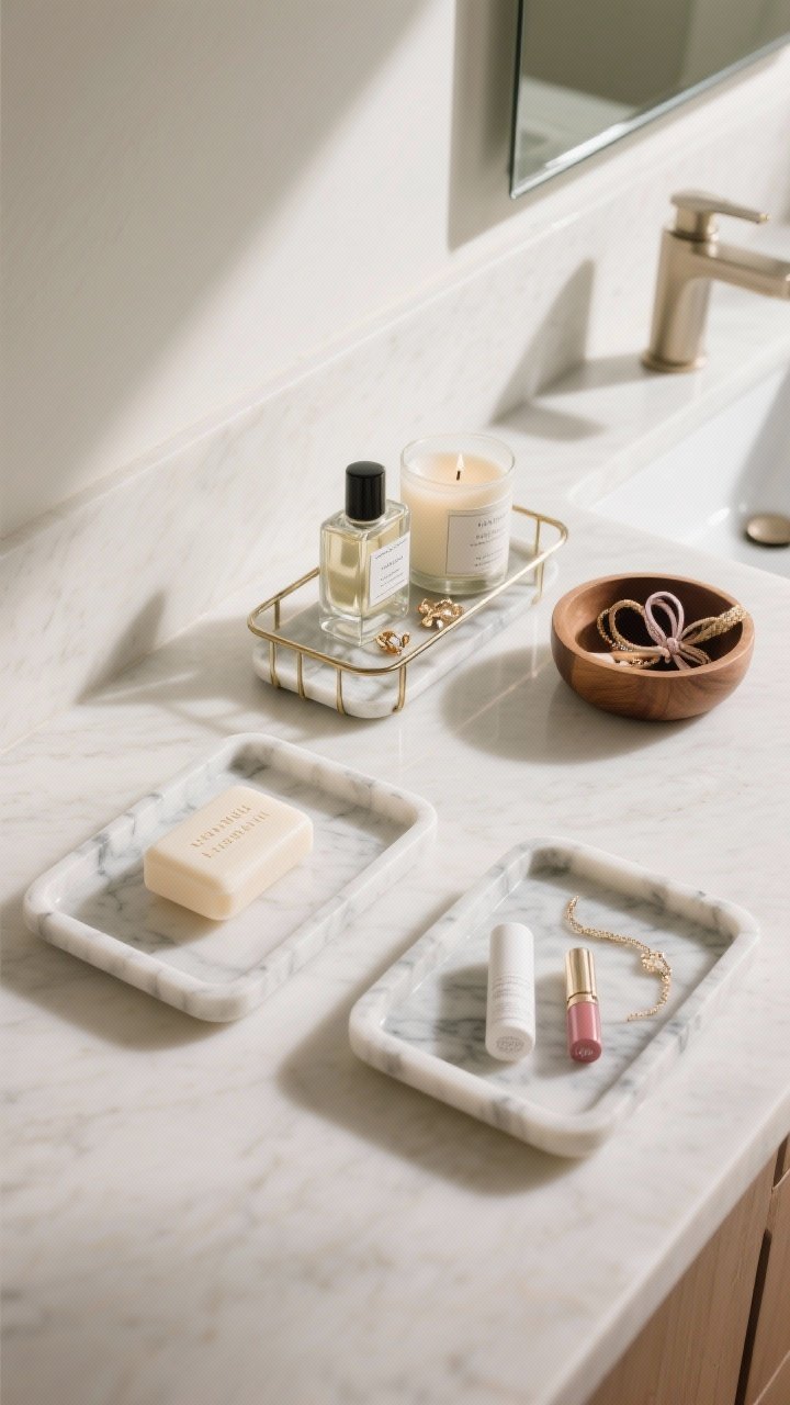 Photorealistic closeup/overhead of a styled bathroom counter using the three-tray method: marble tray for daily skincare and soap with simplified labels, a small metal tray holding fragrance bottles, jewelry, and a candle, and a tiny wood catchall near the sink for hair ties and lip balm; cohesive materials tying into the room’s theme; soft morning light and crisp shadows