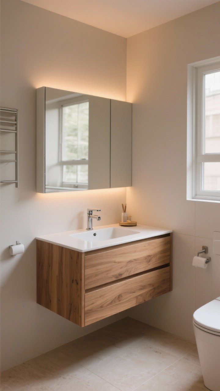 Photorealistic corner medium shot of a floating vanity in a compact bathroom: wall-mounted wood-grain vanity with deep drawers, glossy white counter, wall-mounted faucets to free counter space, open floor visible beneath for airy vibes; warm LEDs washing the wall under the vanity; minimal accessories and a slim profile; soft, warm lighting