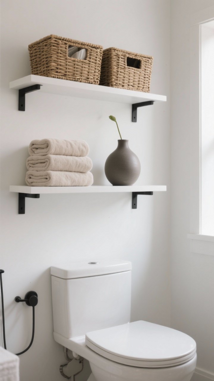 Photorealistic detail/medium shot of open floating shelves above a toilet in a small bathroom: matching woven baskets for hidden items, neatly stacked neutral towels, and one sculptural object (a matte ceramic vase with a single stem); enforce a 70/30 practical-to-decor balance, clean white wall backdrop, matte black brackets; side angle with soft natural light