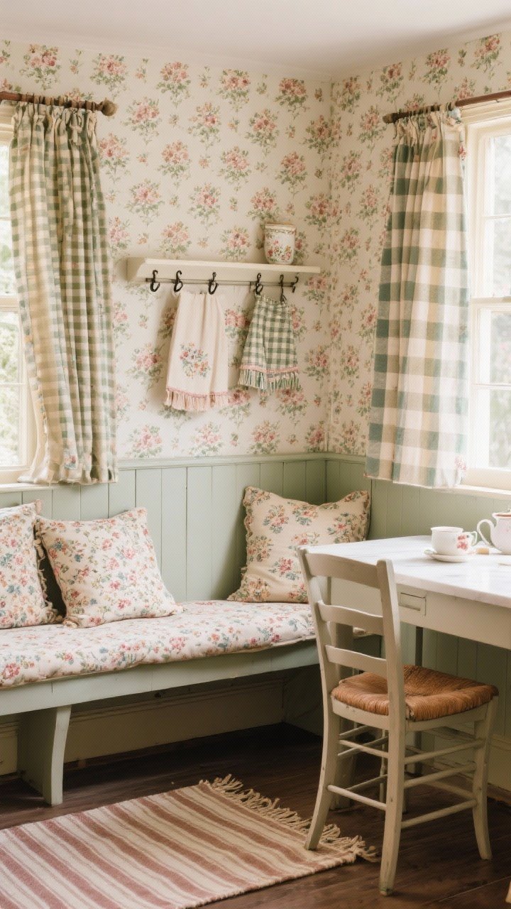 Photorealistic detail shot of patterned textiles and wallpaper: a breakfast nook vignette with small-scale floral wallpaper in a tight 2–3 color palette, gingham cafe curtains filtering light, and striped runner underfoot; chair cushions coordinated with tea towels hanging on a hook rail; warm natural light emphasizing fabric texture and print harmony, vintage softness without overpowering, no people