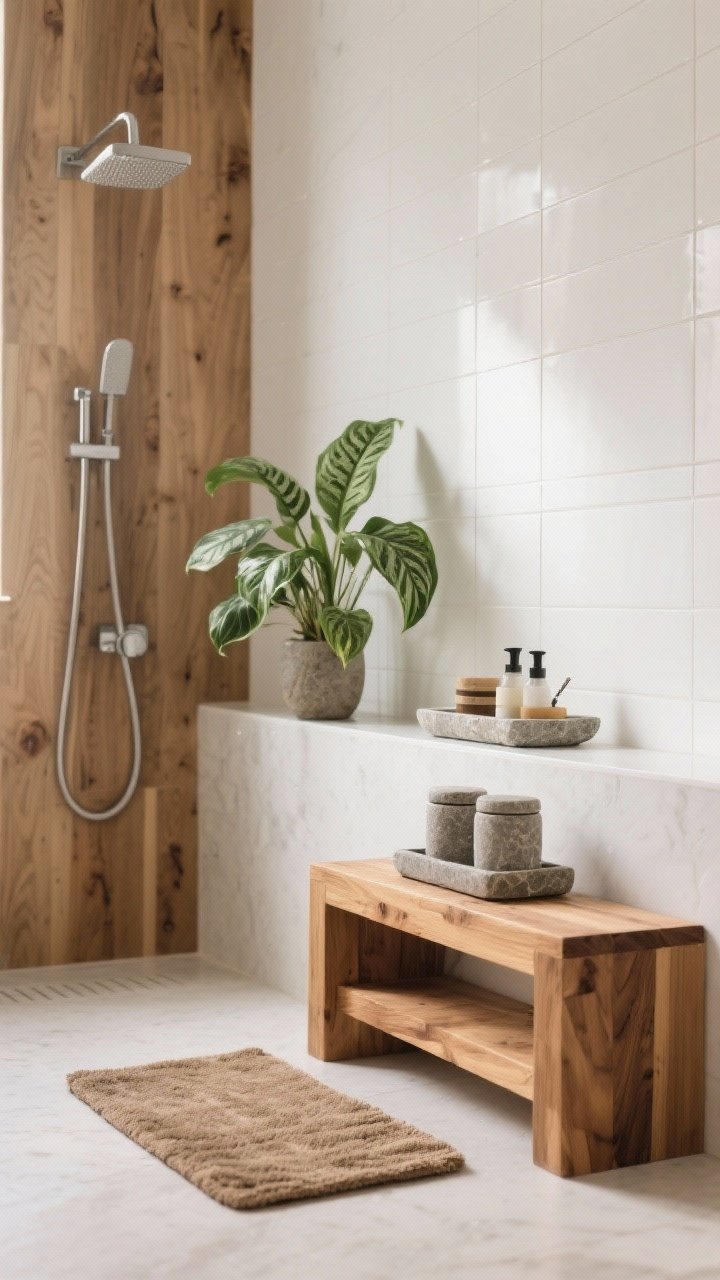 Photorealistic medium/detail shot capturing spa-like natural materials: teak bath mat and a small teak shower bench, stone canisters or a stone tray holding essentials on the counter, and a low-maintenance plant (pothos or snake plant) adding greenery; white tile backdrop to contrast the warm wood; soft, diffused daylight for a calm, serene mood