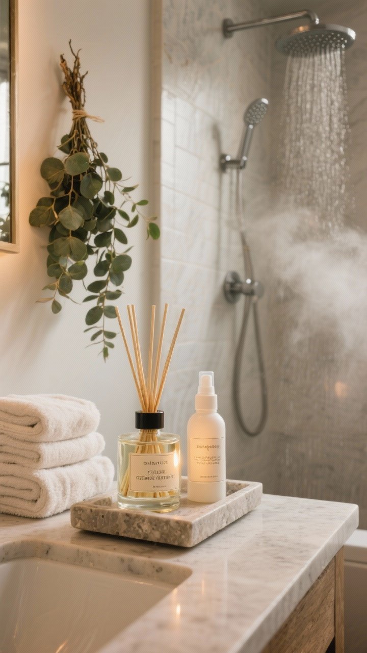 Photorealistic medium/detail shot of a bathroom scent vignette: a reed diffuser on a stone tray, a lit candle beside it, a linen spray bottle near neatly folded towels, and a fresh eucalyptus bundle hanging from the showerhead; cohesive fragrance family (eucalyptus/cedar/bergamot) implied by labels; serene, warm lighting with a gentle steam effect in the shower area
