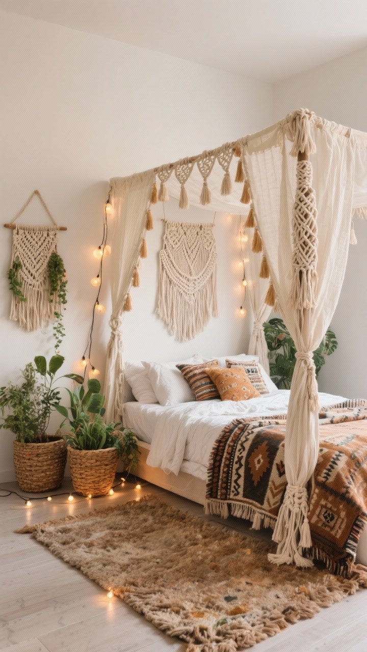 Photorealistic medium shot: boho canopy bed layered with ivory base curtains edged in tassels, macramé accents draped at the corners, patterned throws in earthy tones at the foot; texture trio visible—a macramé wall hanging, woven basket planters with greenery, and a nubby rug; soft string lights casting a warm glow; playful and eclectic styling.