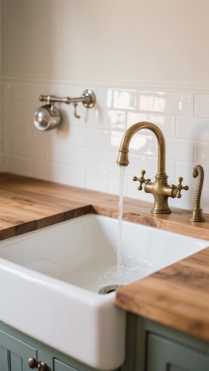 Photorealistic medium shot focusing on a deep white apron-front farmhouse sink set in warm wood counters; a bridge faucet in unlacquered brass with cross handles catching a soft patina, plus a side spray attachment; tiled backsplash softly blurred behind, subtle reflections of daylight on the water surface; optional wall-mount pot filler in polished nickel above the sink to contrast; serene, functional, heirloom feel, no people