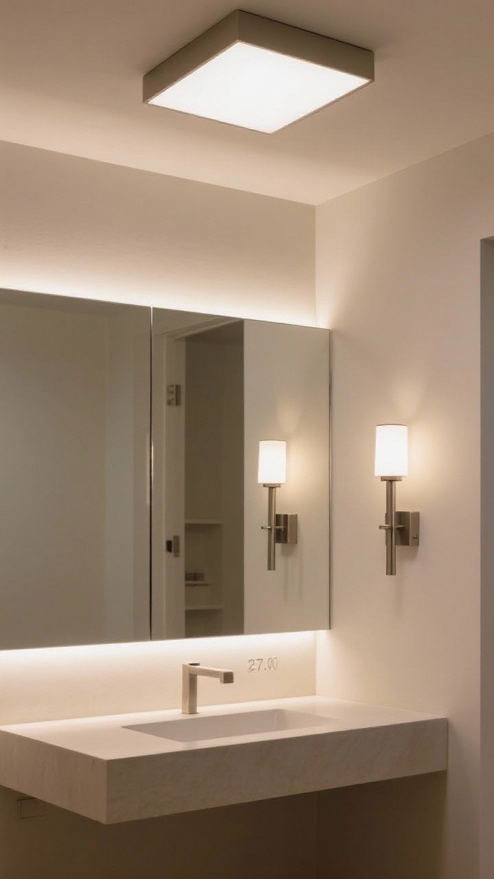 Photorealistic medium shot focusing on layered lighting: ceiling flush mount for ambient light, paired sconces at eye level flanking the mirror for task light, and an LED strip under a floating vanity for accent glow; warm white bulbs (2700K–3000K) for flattering tones; cohesive, modern fixtures in one metal finish; straight-on view emphasizing the layers