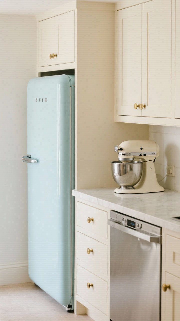 Photorealistic medium shot highlighting a vintage appliance mix: a retro-style fridge in muted duck-egg blue with rounded corners and a chrome handle, set near panel-ready modern dishwasher concealed within cream cabinetry; a single hero vintage stand mixer in soft ivory on the counter, while other surfaces remain curated and uncluttered; repeated chrome/brass finishes to tie elements together; soft, even daylight, no people