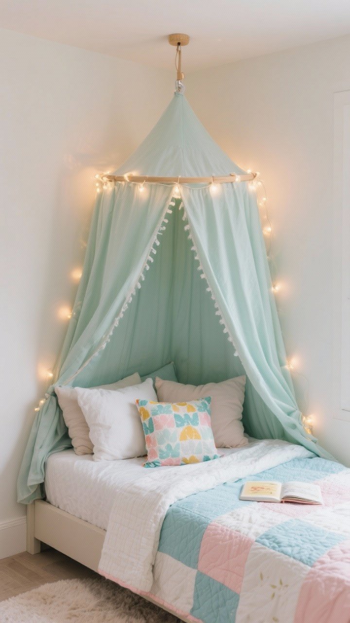 Photorealistic medium shot: kids’ canopy nook using a single hoop canopy over a twin bed/reading corner; twinkle LED string lights safely woven along the hoop; soft pile of washable cotton pillows and a small quilt; color palette of sage, sky, and blush with one fun patterned cushion; secure mount point visible; cozy, inviting glow.