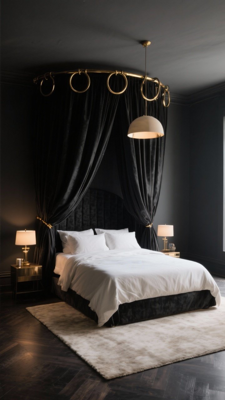 Photorealistic medium shot: moody bedroom scene with ink-black canopy drapes enveloping the bed; contrast provided by light bedding in soft ivory and a pale rug; warm metals—brass curtain rods and rings—adding glow; layered, dimmable lighting from bedside lamps and a soft overhead pendant; rich textures without turning cave-like.