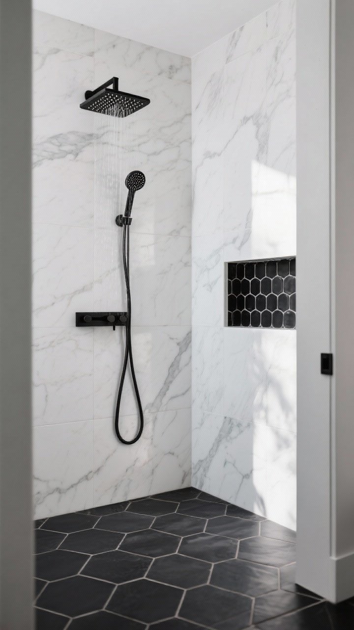 Photorealistic medium shot of a modern bathroom corner: large-format white Carrara marble shower walls with light grout, contrasted by a matte black hex tile shower floor with charcoal grout; black fixtures including a rainfall showerhead and matching niche trim; soft natural daylight, clean lines, subtle reflections on marble veining; angle from the shower entry highlighting the niche lined in matte black penny tiles for contrast, mood is luxe yet understated