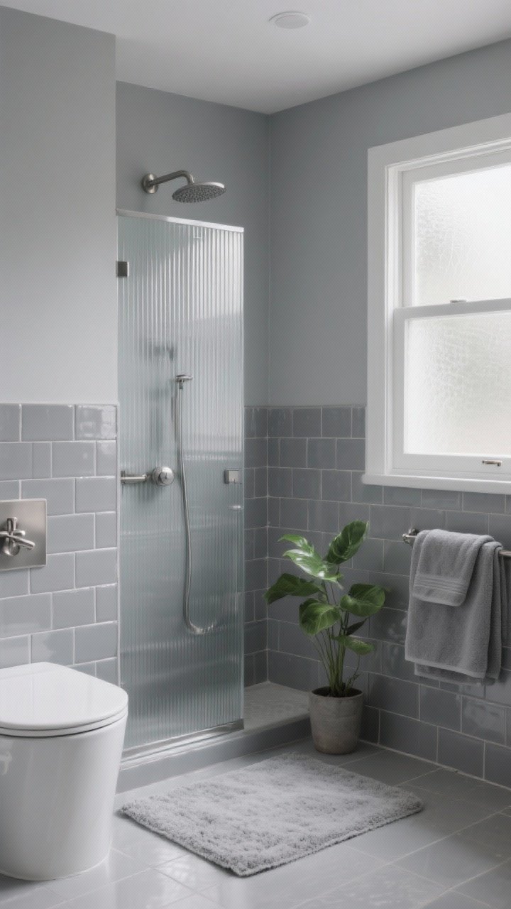 Photorealistic medium shot of a small monochrome bathroom in soft gray tones: matte gray walls, glossy gray subway tile in the shower, ribbed fluted glass shower panel, nubby light-gray bath mat, and consistent brushed nickel fixtures; include subtle tonal variation and light-bouncing finishes for an airy feel, styled with a single green plant and folded gray towels; soft natural daylight from a frosted window, straight-on view