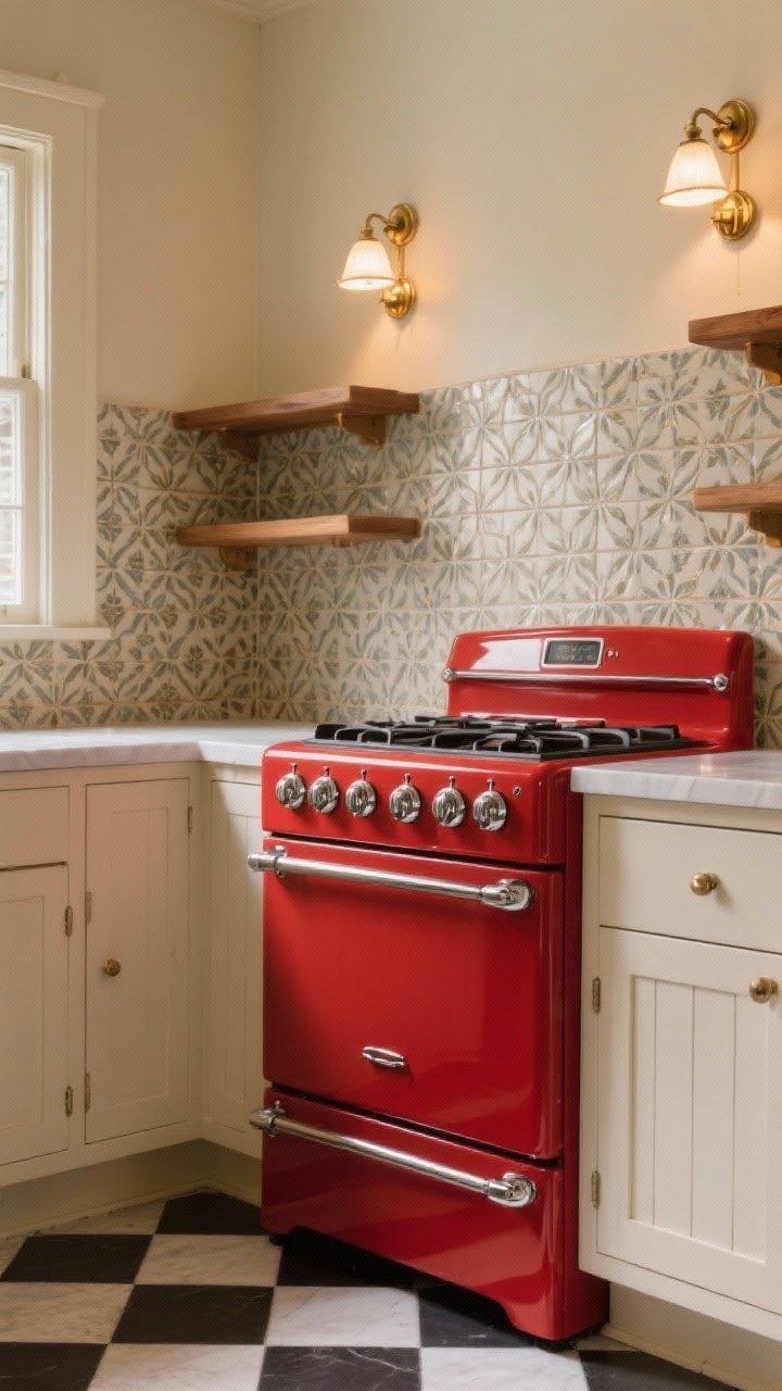 Photorealistic medium shot of a vintage-inspired kitchen corner featuring a retro-style range as the star: a cherry red enamel stove with chrome details and matching vintage-look knobs, flanked by simple cream Shaker cabinets and open wood shelves; patterned backsplash tile subtly visible behind, checkerboard floor peeking in the foreground, brass sconces above; warm ambient lighting with gentle reflections on chrome, dramatic focus on the colorful range as the statement piece, no people