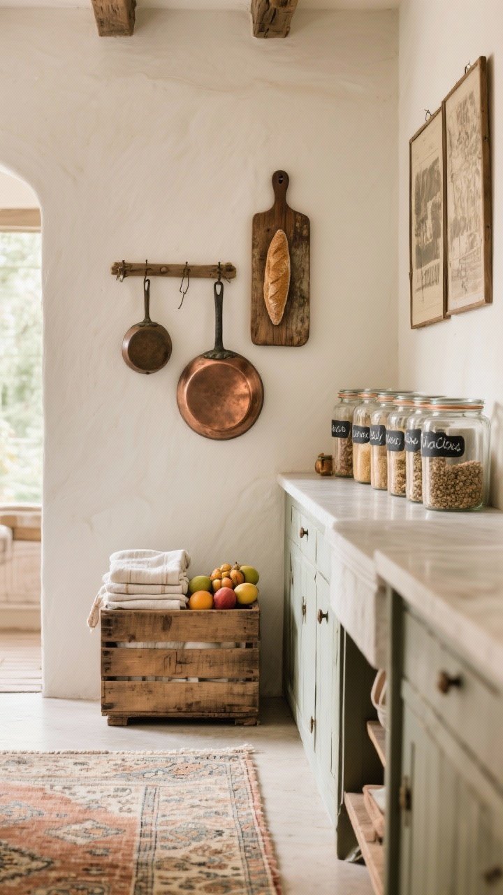 Photorealistic medium shot of curated vintage accents: copper pans and aged bread boards artfully hung on a wall like gallery pieces, a reclaimed wood crate holding folded linen towels and seasonal fruit on a counter, and a row of pantry staples decanted into glass jars with handwritten labels; a softly faded Persian runner grounding the scene; balanced, uncluttered styling with warm ambient light, no people