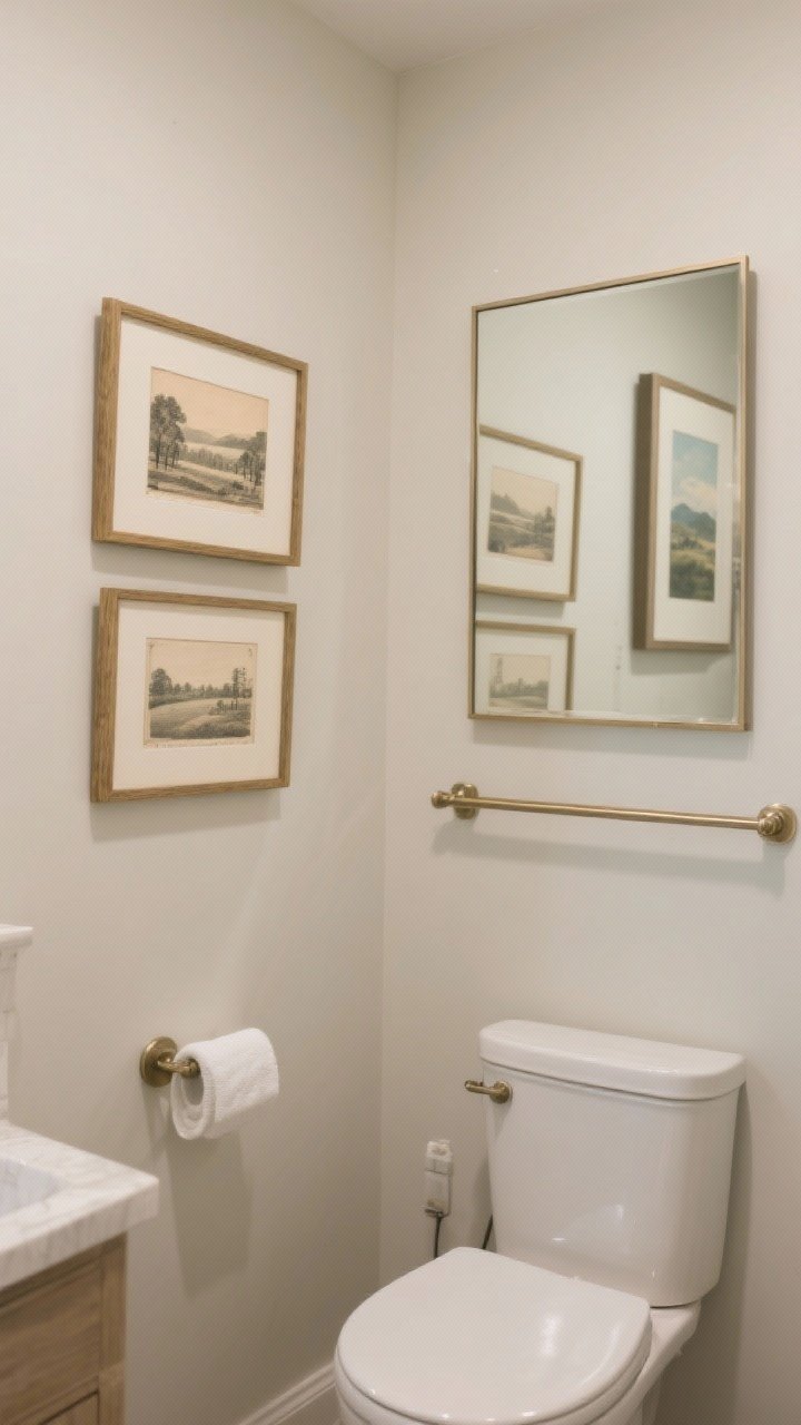 Photorealistic medium shot of framed art in a small bathroom: two stacked small vintage-style prints above the toilet in moisture-safe frames, plus a landscape-format piece over a towel bar; another artwork placed opposite the mirror to be seen in reflection; neutral palette with matte brass frames; soft, even lighting without glare