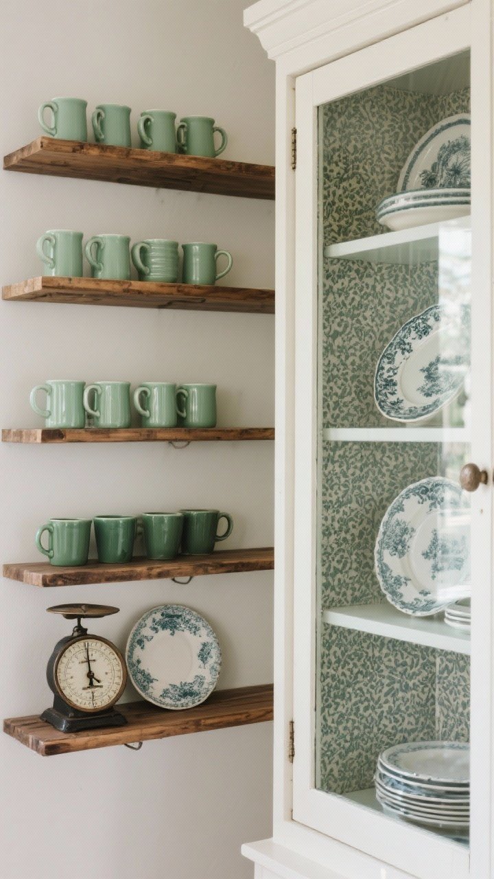 Photorealistic medium shot of open shelves and a glass-front cabinet: real wood open shelving with a rubbed finish displaying grouped jadeite mugs, ironstone platters, and enamelware, arranged by color and height for calm composition; a vintage scale as a decor accent; interior of glass-front cabinets lined with patterned paper for a subtle retro surprise; soft daylight and minimal shadows to emphasize order, no people