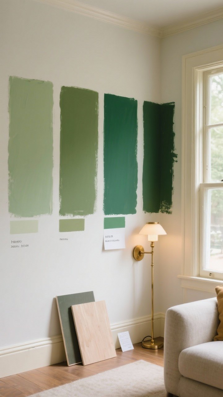 Photorealistic medium shot of paint swatches on a living room wall showing four hero greens—sage, olive, emerald, and forest—each in large painted rectangles across two adjacent walls, viewed in mixed natural daylight from a nearby window. Include creamy trim sample boards leaning against the baseboard, a small brass sconce casting a warm glow on the forest swatch, and a note card labeling each shade. Mood: designer-level testing, calm and intentional.