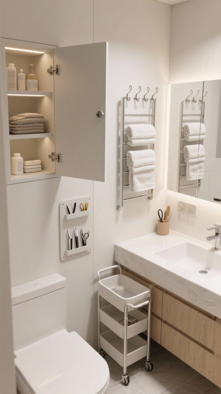 Photorealistic overhead/detail composite angle of smart storage in a compact bathroom: recessed mirrored medicine cabinet ajar revealing organized shelves, over-the-door hooks with neatly hung towels, a slim towel ladder against a narrow wall, magnetic strip inside a cabinet door holding tweezers and nail clippers, and a slim rolling cart tucked beside the vanity; bright, functional lighting