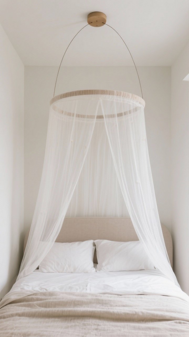 Photorealistic overhead detail shot: minimalist canopy halo ring mounted centrally above the head of the bed with a single sheer fabric panel tucked around the headboard; focus on the airy footprint and round hoop shape softening the room’s angles; summer-weight gauze texture visible; light neutral bedding; bright, uncluttered small space feel.