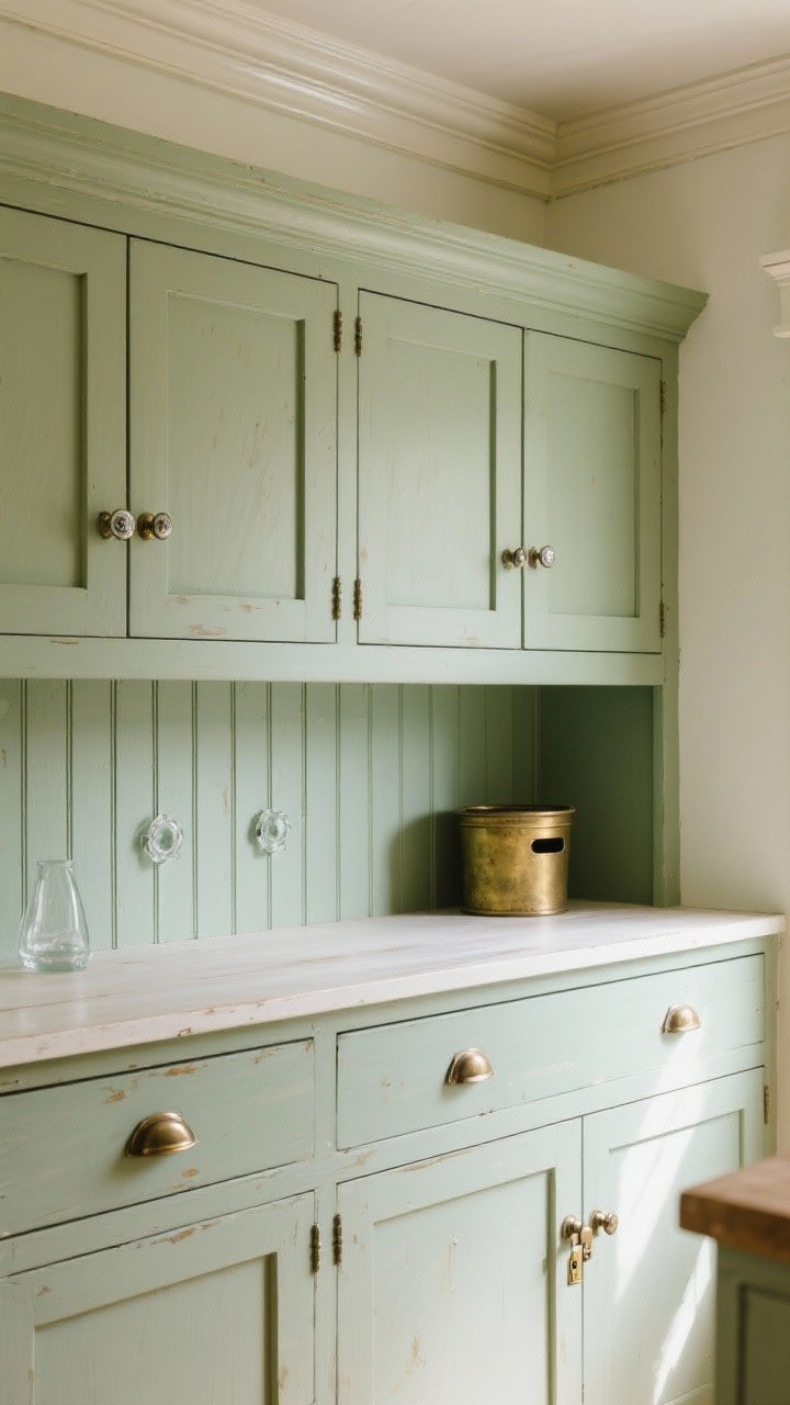 Photorealistic straight-on medium shot of classic cabinetry: inset Shaker cabinets painted in muted sage with beadboard paneling on a hutch, aged brass bin pulls on drawers, polished nickel latch closures on uppers, and a few glass knobs for cottage charm; gentle afternoon light revealing brushstrokes and subtle wear, crown trim details visible, historically inspired palette creating a timeless, cozy feel, no people