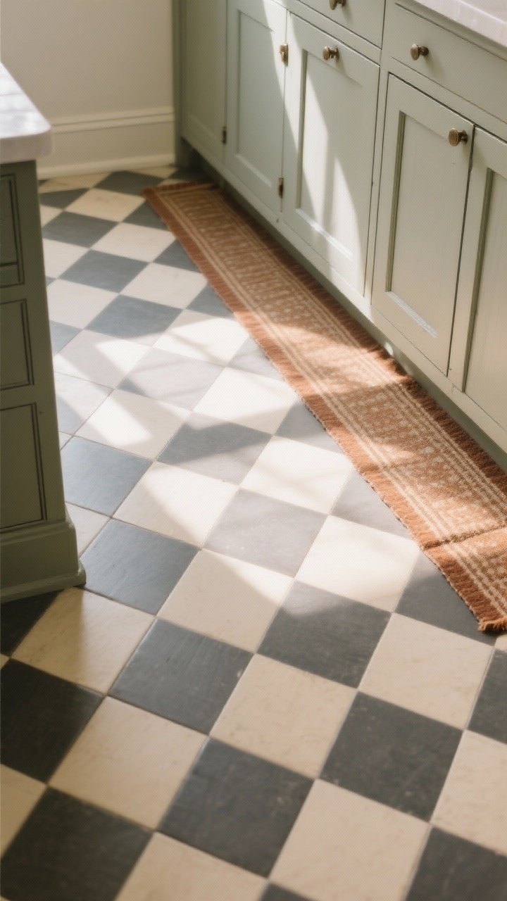 Photorealistic wide overhead shot of a kitchen floor showcasing classic checkerboard tile laid diagonally, done in a soft cream and charcoal palette with a matte finish to reduce glare; edges of muted Shaker cabinets visible framing the shot, a vintage runner in warm tones running along the base of the cabinets; natural morning light raking across the tiles to emphasize the diagonal layout and vintage charm, no people