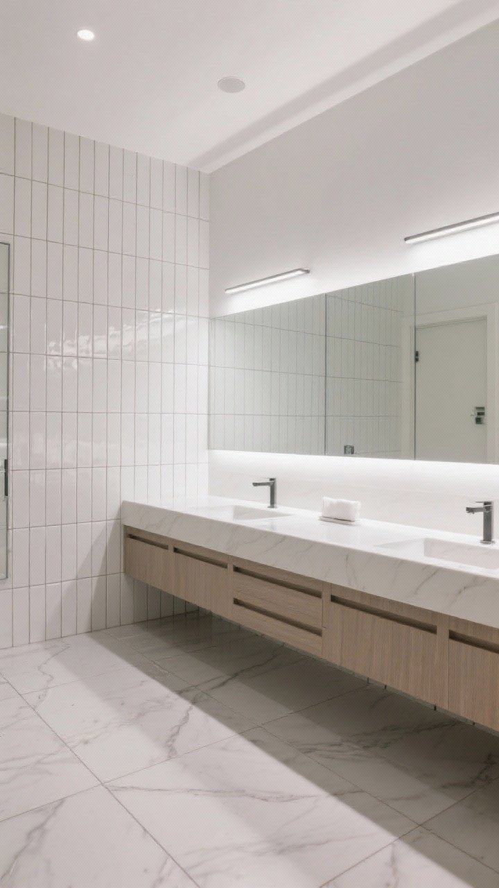Photorealistic wide shot emphasizing strategic tile layout: vertical stacked subway tiles on the walls to heighten the room, large-format floor tiles with grout matched to tile for a seamless look; a half-height tiled wall rising to the ceiling behind the vanity for subtle drama; clean modern vanity and mirror; bright, balanced lighting to showcase lines