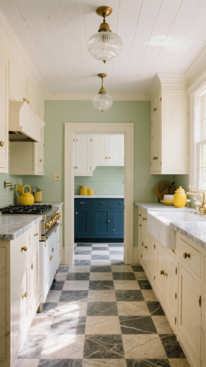 Photorealistic wide shot of a cohesive vintage kitchen color story: cream cabinets with soapstone counters and brass hardware for quiet elegance, milk glass lights overhead, and a checkerboard floor leading to navy lower cabinets with white uppers beyond; accents of sage and buttery yellow in small accessories to keep the palette time-tested; morning light revealing depth of colors, ceilings in warm white for a welcoming feel, no people