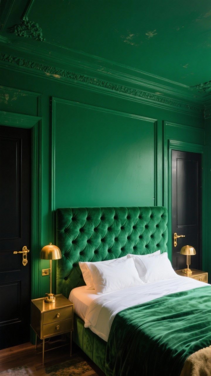 Photorealistic wide shot of a color-drenched maximalist bedroom in deep emerald: walls, trim, doors, and ceiling all painted the same saturated emerald tone, with brass hardware and black door handles popping against the color. A tufted velvet headboard sits against the emerald headboard wall, with warm lamplight creating soft highlights on the paint. Leave the ceiling just a touch lighter emerald for airiness. The mood is lush and intentional, not chaotic; include subtle scuffs hidden by the rich tone and a few brass accents on nightstands. Straight-on perspective.