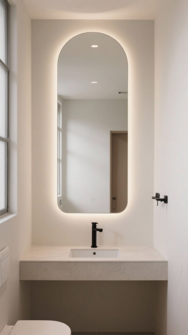 Photorealistic wide shot of a small bathroom featuring a bold oversized mirror as the star: an arched, frameless edge-to-edge mirror wider than a compact vanity, reflecting abundant light; optional soft backlighting glow around the mirror for spa energy; minimal palette with clean lines, tiny vanity below to emphasize scale; neutral walls and matte black faucet; front-facing, evenly lit