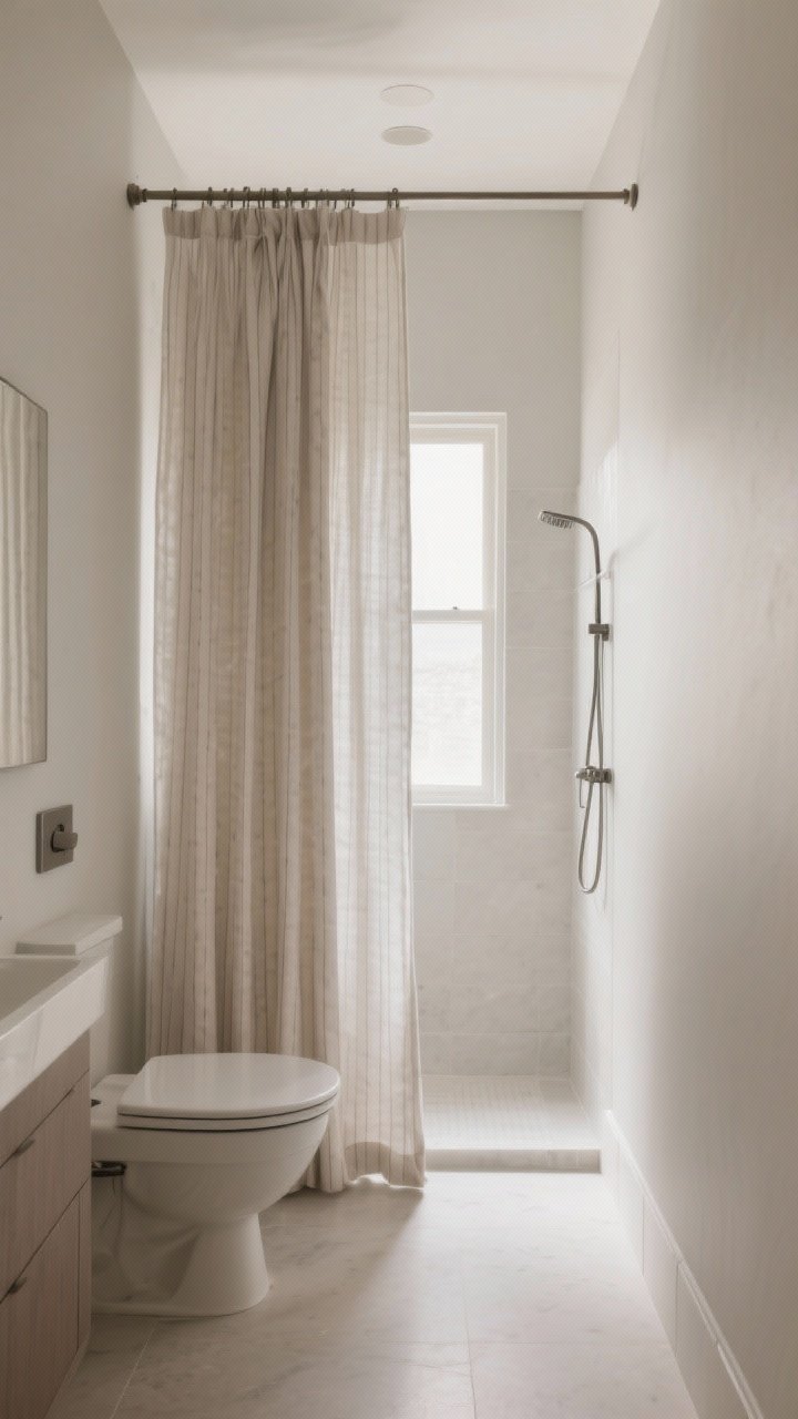 Photorealistic wide shot of a small bathroom featuring a dramatic ceiling-height shower curtain: rod mounted just below the ceiling with extra-long linen curtain in a soft solid or subtle stripe, paired with a clear liner; crisp, tailored look that visually elongates the space; neutral walls and clean floor; natural daylight and a slight vignette to emphasize height