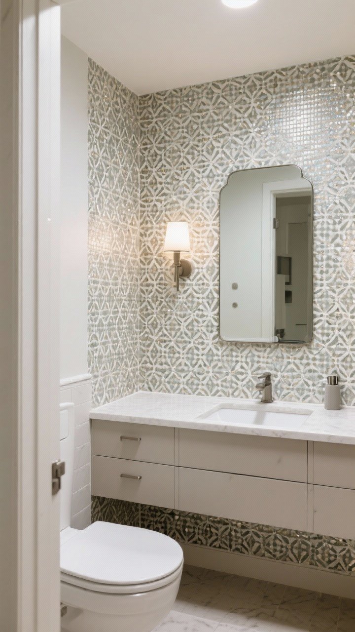 Photorealistic wide shot of a small bathroom with a statement wall behind the vanity: bold patterned wallpaper in a restrained palette or micro-mosaic tile with subtle shimmer; the rest of the room kept simple and neutral so the focal wall shines; mirror and sconce on the statement wall, matte fixtures; reflected pattern visible in the mirror; balanced, bright lighting