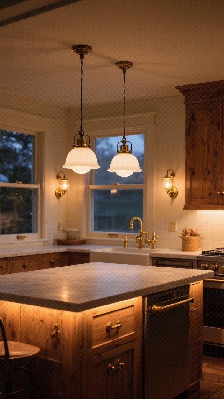 Photorealistic wide shot of a vintage-inspired kitchen lighting scheme at dusk: schoolhouse pendants with milk glass globes over an island, a pair of brass sconces flanking a window, and warm under-cabinet lights washing the counters; dimmed warm bulbs creating a cozy glow reminiscent of grandma’s kitchen; finishes coordinated with existing brass hardware and warm wood accents; cinematic mood, no people