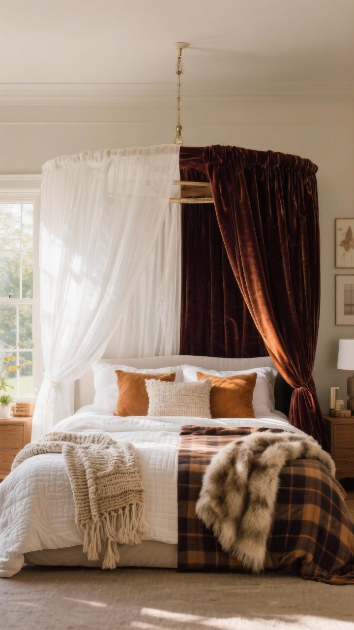 Photorealistic wide shot: seasonal switch-up bedroom—half the scene styled as summer with white gauze canopy sheers, lightweight quilt, woven throws, and bright airy light; the other half subtly transitions to fall/winter with velvet canopy panels in a deep tone, flannel sheets, and a wool/faux-fur throw; consistent warm-toned bulbs unify the space; no people.